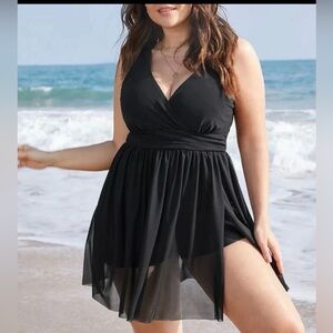 BloomChic Black Sculpt Waist Ruched Split Hem Swim Dress Size 22-24 / 3X
